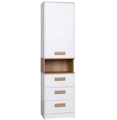 Marmex Grant G6 Kleiderschrank Garderobenschrank Flur mit Regalen und Schubladen Regal mit 2 Fächer Bücherregal Kommode Schmal mit Nischenregal Kinderzimmer Möbel Wohnzimmer Möbel 52x195 cm