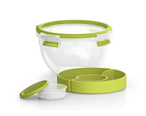 Produktbild EMSA Clip & Go Salatbox, 1 L, mit Einsätzen für Toppings und Dressing, 100 Prozent dicht, mit Frischedichtung, Transparent, Hellgrün, Made in Germany, 518097