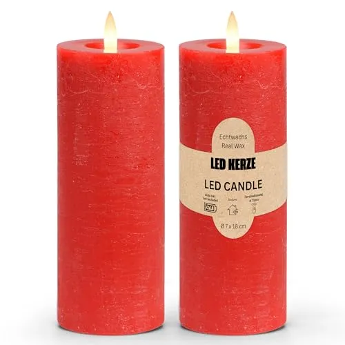 LED Stumpenkerzen 2er Set aus Echtwachs mit Timerfunktion inkl. Fernbedienung - Kerzen realistisch flackernde Flamme warmweiß Ø 7 x 18 cm - Elektrische Wachskerzen in Rot als gemütliche Tischdeko