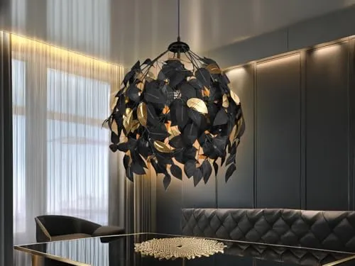 Dimmbare LED Pendelleuchte Ø38cm im Blätter Design Schwarz-Gold - Hängeleuchte mit austauschbarem E27 LED Leuchtmittel, stufenlos dimmbar über herkömmlichen Lichtschalter – ideal für stimmungsvolle Beleuchtung!
