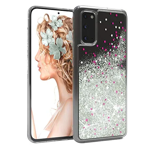 EAZY CASE Hülle kompatibel mit Samsung Galaxy S20 Schutzhülle mit Flüssig-Glitzer, Handyhülle, Schutzhülle, Back Cover mit Glitter Flüssigkeit, TPU/Silikon, Transparent/Durchsichtig, Silber