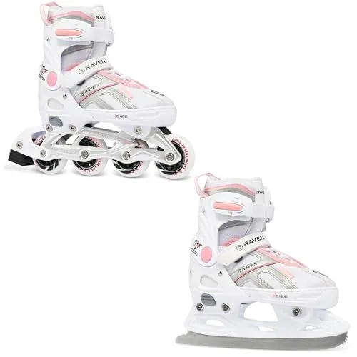 RAVEN Pulse 2in1 Schlittschuhe Inline Skates Inliner für Kinder und Erwachsene verstellbar (White/Pink, 40-43 (25,5-28cm))
