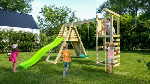 Fungoo Climber Klettergerüst mit Rutsche und Schaukel - Klettergerüst für Kinder mit Rutsche, Schaukel und Kletterbrücke – fördert Kreativität und Bewegung im eigenen Garten. Ideal für bis zu 9 Kinder!