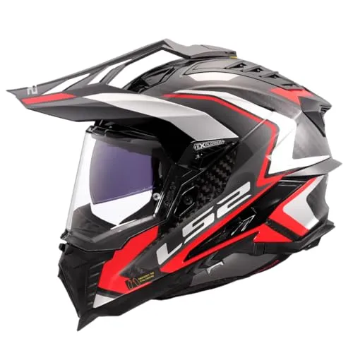 LS2 EXPLORER CARBON FRONTIER II Motorrad-Crosshelm, 3XL - Gloss Red - Motorradhelm aus Kohlefaser, extrem leicht (ca. 1450 g) und langlebig. Mit verstellbarem Visier, einziehbarem Sonnenschutz und hypoallergenem Innenraum für höchsten Komfort und Sicherheit.