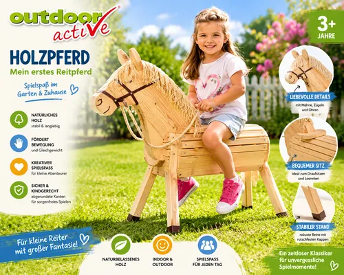 Holzpferd Voltigierpferd aus Holz mit Halter und Zügel – 117 cm