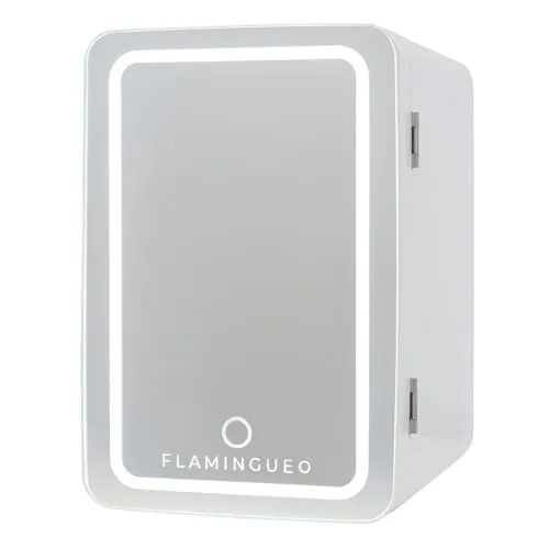Flamingueo Kühlschrank Klein 6,5L - Kühlschrank Led und Spiegel, 12V/220V, Skincare Fridge, Mini Fridge, Kosmetik Kühlschrank, Skincare Kühlschrank