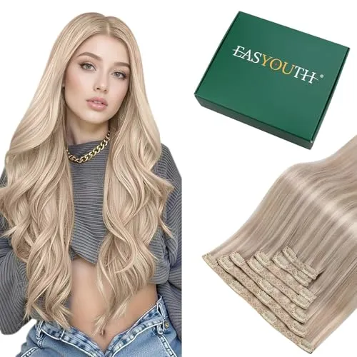 Easyouth Clip Extensions Echthaar Blond Clip in Harverlangerung Remy Echthaar Clip in Extensions Aschblond Mix Gelb 35 cm 70g #18P613