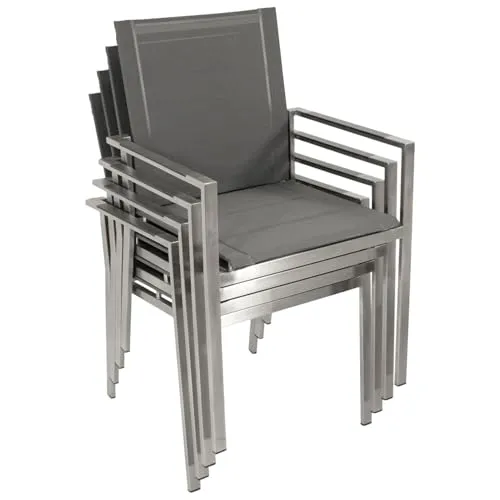 DEGAMO Gartenstuhl Stapelsessel Sydney - 4er Set - Wetterfester Edelstahl-Stapelsessel mit grauem Kunstgewebe und Polsterung, ideal für den Outdoor-Bereich und platzsparend stapelbar.