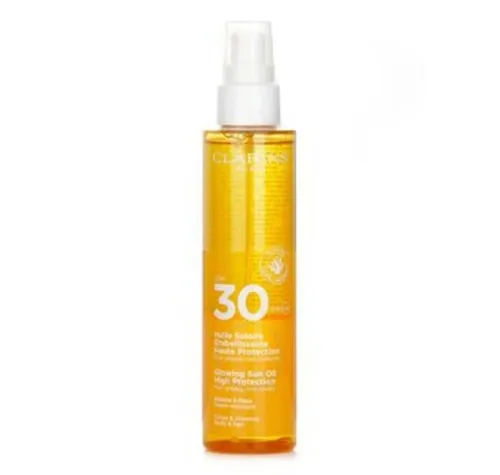 Clarins Glowing Sun Oil Hochschutz SPF 30 - Sonnenschutzöl für Gesicht & Körper mit LSF 30, spendet Feuchtigkeit und sorgt für einen strahlenden Teint während des Sonnenbades.
