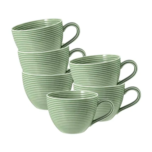 Seltmann Weiden Beat Color Glaze Kaffeetasse 0,26 l - 6er Set Salbeigrün - Thermobehälter: 6 Kaffeetassen aus hochwertigem Porzellan mit einzigartigem Rillenrelief, mikrowellen- und spülmaschinenfest, ideal für stilvolle Kaffeepausen.