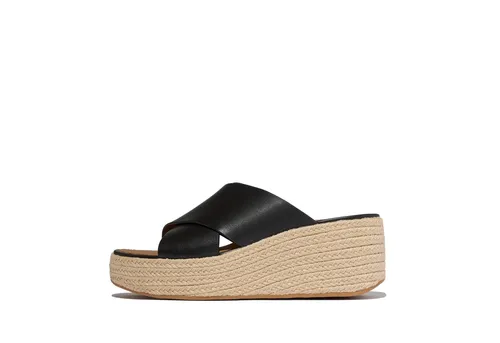Fitflop Plattform-Leder-Damen Sandalen in Schwarz - Stilvolle und bequeme Damen Sandalen mit hoher Wedge-Sohle aus Jute. Ideal für den Sommer, bieten sie ein leichtes Tragegefühl und hervorragende Polsterung für jeden Anlass.
