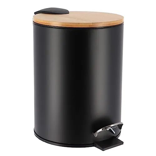 Tendance – 3-Liter-Metalleimer mit Soft-Close-Funktion – Schwarz/Bambus – Badezimmer – Abfalleimer und WC-Bürsten