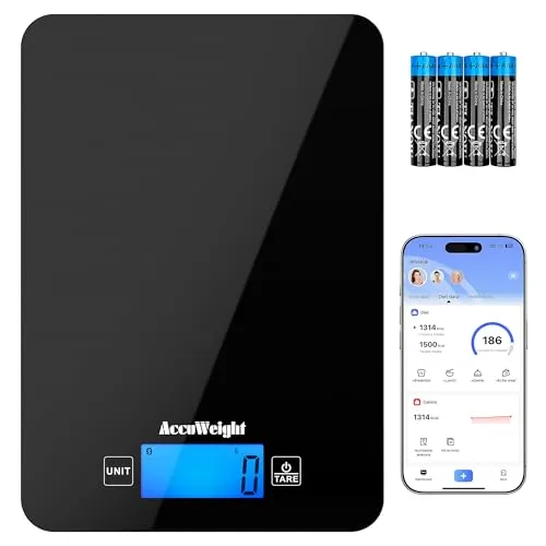ACCUWEIGHT Küchenwaage Bluetooth mit Nährwertrechner (mit 4 Batterien) Digitale Lebensmittelwaage bis zu 5 kg/11 lb mit großer LCD Anzeige Waage mit Kalorienzähler zum Kochen oder Abnehmen CK780