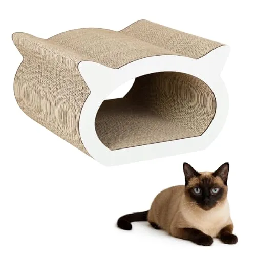 QLS Katzenmöbel aus Wellpappe – 37×36×23 cm – Weiß – Kratzbrett, Katzenhöhle, Liegeplatz mit Katzenspielzeug & Katzenminze (Weiß)