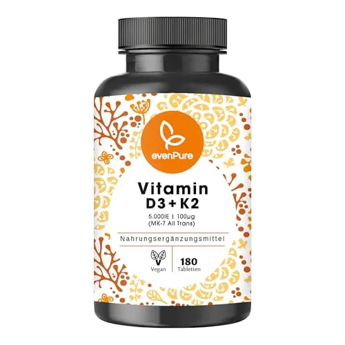 evenPure® Vitamin D3 + K2 Depot – 5000 IE D3 + 100µg K2 (MK-7 99,7% All-Trans) – 180 Tabletten – hochdosiert, vegan – in Deutschland hergestellt und laborgeprüft.