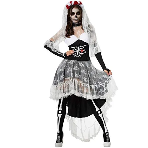 tectake® Frauenkostüm Gruselige Skelett-Braut - Kostüme für Halloween oder Karneval, elegantes Vokuhila-Kleid mit auffälligem Stehkragen für einen atemberaubenden Auftritt.