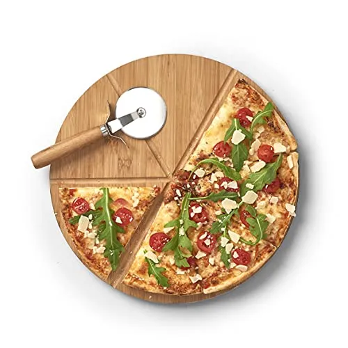Zeller 25177 Pizza-Set, 2-tlg., Bambus/Metall, ca. Ø 32 x 1,5 cm, Set aus Schneidebrett und Pizzaschneider, schnittfestes Pizzabrett mit 6-fach Teilung für gleichmäßig große Stücke, Holzteller