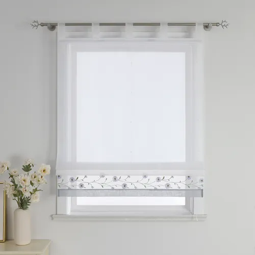 Joyswahl Raffrollo mit Schlaufen, Küche Landhaus Raffgardinen Schlaufenrollo mit Stickerei, Bestickt Transparent, Grau, BxH 80x150cm