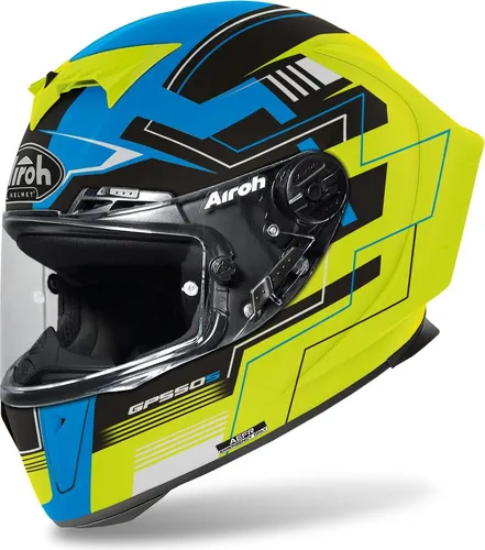 Airoh GP 550 S Challenge - Integralhelm in Matt Neon-Gelb/Blau/Schwarz - XL - Motorradhelm mit HPC-Schale für maximale Sicherheit und Leichtigkeit. Innovative Belüftung und A.E.F.R.-System für schnelle Wangenpolsterentfernung im Notfall.