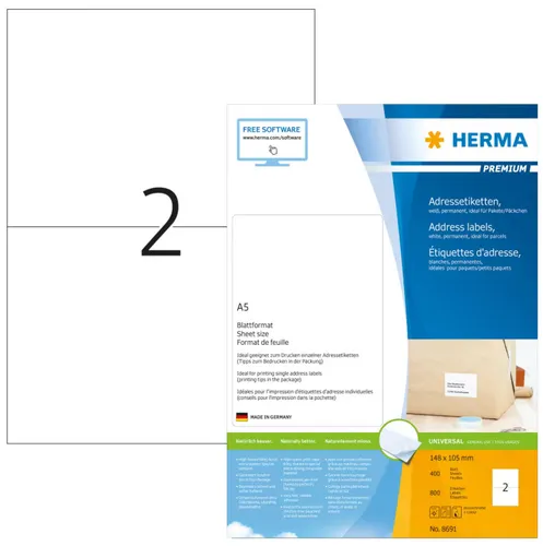 HERMA 8691 Universal Etiketten DIN A4 - Vielzweck-Etiketten in DIN A4, 400 Blatt, permanent klebend und ideal für Tintenstrahldrucker – perfekt für vielseitige Anwendungen.