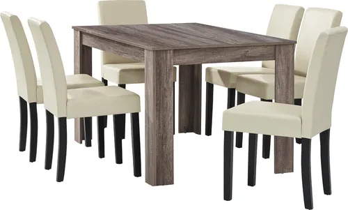 Esstisch Eiche antik mit 6 creme Kunstleder-Stühlen