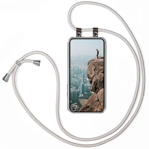 moex Handykette für Nothing Phone (1) Hülle mit Band abnehmbar, Handyhülle mit Kette zum Umhängen, Handyband 155 cm lang Stoff Kordel Umhängehülle, Handy Umhängeband, Silber