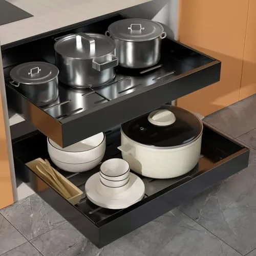 WIMEORS 2 Stück erweiterbarer ausziehbarer Schrankorganisator mit Klebefläche, 53 cm tiefe Schubladen für Küchenunterschränke, verstellbare Breite 32 cm-53 cm