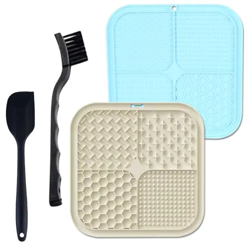 KUBDPQOR Schleckmatte Hund, 2 Stück 8.3'' Leckmatte Hund mit 77 Leistungsstarken Saugnäpfen, Silikonspatel, Bürste, Hundezubehör Leckmatte für Hundebaden, Trainieren, Fellpflege, Klauenpflege