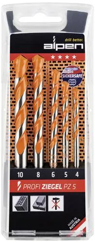 Alpen 200705100 Ziegelbohrer-Set 5teilig 4 mm, 5 mm, 6 mm, 8 mm, 10mm Zylinderschaft 1 Set