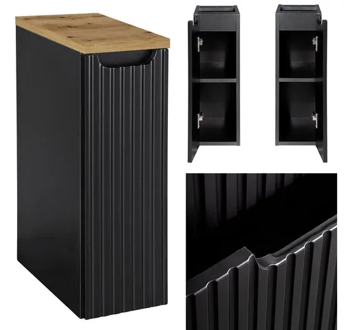 Lomadox Badschrank Badkommode - 20 cm breit, schwarz mit Eiche - Eleganter Unterschrank für kleine Badezimmer mit Softclose-Türen und feuchtigkeitsresistenten Oberflächen. Ideal für minimalistisches Design und hohe Funktionalität.