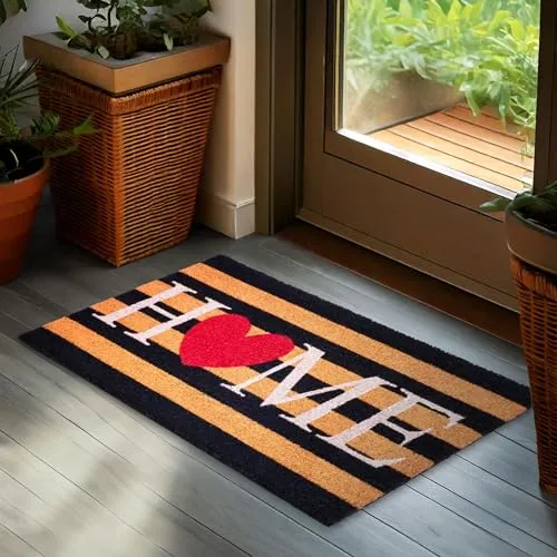 BRUBAKER Fußmatte für Außen und Innen - Home mit Herz - 45 x 75 cm Schmutzfangmatte aus 100% Kokos - Gestreifter Fußabtreter Wetterfest und rutschfest - Antirutsch Türvorleger für Haustür