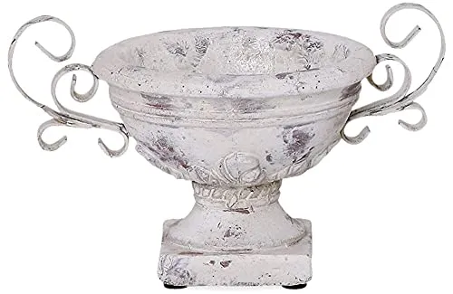 matches21 Sockel Pflanzschale mit Henkel für draußen - 23 cm Shabby Dekoschale in Creme Antik-Optik als Vintage Keramik Blumentopf Pflanztopf - runde Balkon Blumen-Schale Garten Vogeltränke