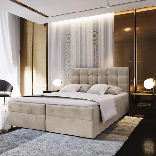 Masseno Boxspringbett GLOS K 180x200 cm – Beige mit Bonell Matratze und Topper - Elegantes Kontinentalbett mit großem Bettkasten für optimale Stauraum und ergonomischem Schlafkomfort. Ideal für entspannte Nächte und modernes Schlafzimmerdesign.