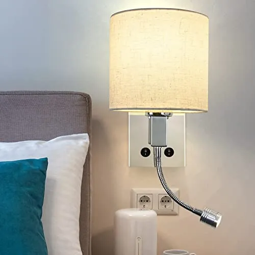 ZMH Wandleuchte Schlafzimmer Wandlampe Innen - Wandstrahler LED 360°Schwenkbar Leselampe mit Schalter Rund Stoffschirm Design Wandbeleuchtung E27 Modern Beleuchtung für Wohnzimmer Flur Hotel