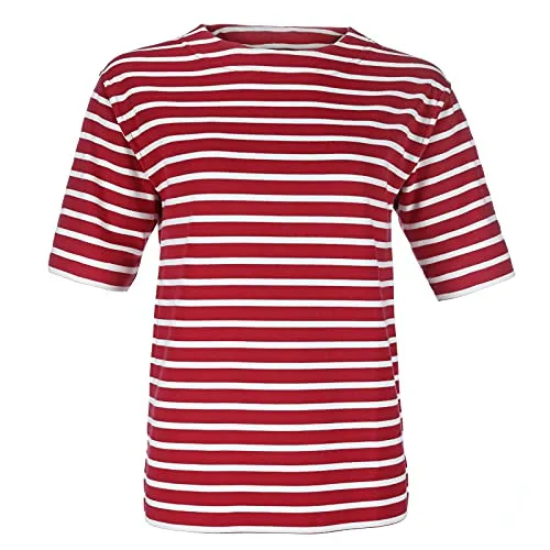 modAS Bretonisches Damen-T-Shirt mit U-Boot Ausschnitt - Ringelshirt Kurzarm Basic Shirt Gestreift aus Baumwolle in Rot/Weiß in Größe 44