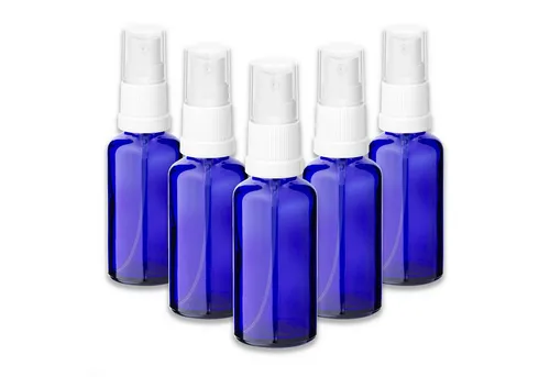 CK Verpackung GmbH Pipettenflasche 5x Blaue Glasflasche 50 ml mit weißem Zerstäuber Sprükopf Pumpspray