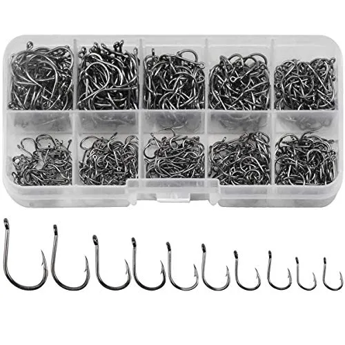 Jinlaili Angelhaken Set - 600 Stück Kohlenstoffstahl in 10 Größen, Mit Widerhaken und Öse, Angelzubehör Mit Kunststoffbox, 3# - 12#
