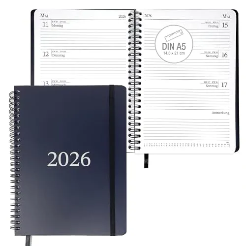 Kalender 2026 A5 Buchkalender – Hardcover Terminplaner mit Ringbindung, Wochenplaner A5 1 Woche 2 Seiten, Jahreskalender & Notizseiten, robuster DIN A5 Chefplaner, Kalenderbuch 2026