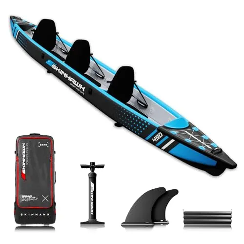SKINHAWK Premium Drop Stitch Kajak 490 Blau, Schlauchboot, Kanu, zum Aufblasen, Adventure Kajak 490 x 85 cm