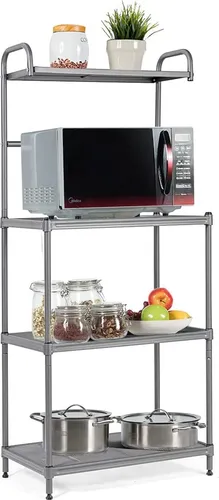 GOPLUS 4 Ebenen Mikrowellenregal, Standregal mit großem Stauraum, Lagerregal aus Lackiertes Eisen, Tragkraft Jeder Ebene 25 kg, für Küchen Badezimmer Lagerhaus (Grau)