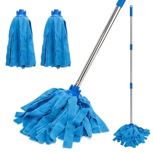KeFanta Wischmopp für die Bodenreinigung 124 cm mit langem Stiel, Baumwolle für die Bodenreinigung in Haushalt, Küche, Büro, Garage und auf Beton Fliesenböden