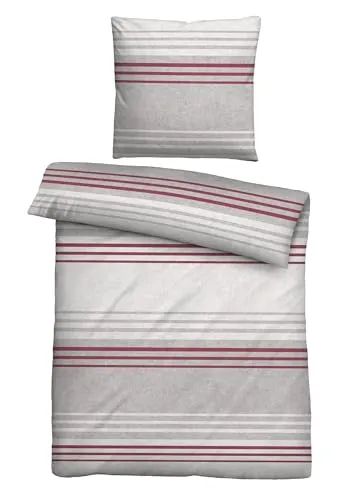 Biberna Melange Flanell Bettwäsche Querstreifen burgund 155x220 cm + 80x80 cm - Bettwäsche aus 100% Baumwolle, flauschig weich und temperaturausgleichend. Mit praktischem Reißverschluss, waschbar bis 60°C und ideal für ganzjährige Gemütlichkeit.