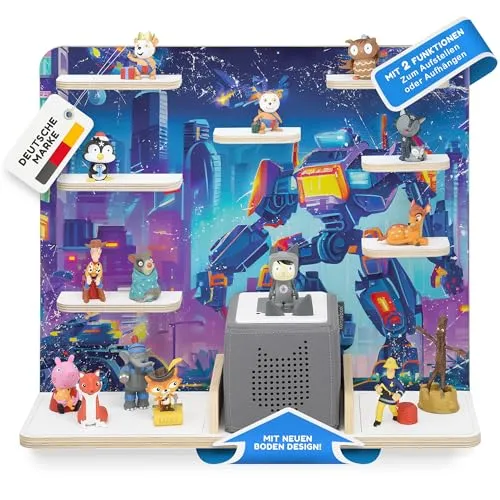 stadtecken Holzregal für Musikbox - Perfekte Aufbewahrung für Toniebox & 50 Tonies - Regale für Baby- & Kleinkinderzimmer mit Magnetfunktion, ideal zum Aufstellen oder Aufhängen für individuelle Gestaltung im Kinderzimmer.