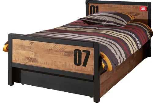 Einzelbett Kameko 90x200 cm aus Massivholz & MDF in Schwarz/Natur - Modernes Einzelbett Kameko mit einer Liegefläche von 90x200 cm. Hergestellt aus robustem Massivholz und MDF, bietet es eine stabile Konstruktion und zusätzlichen Stauraum durch die integrierte Bettschublade.