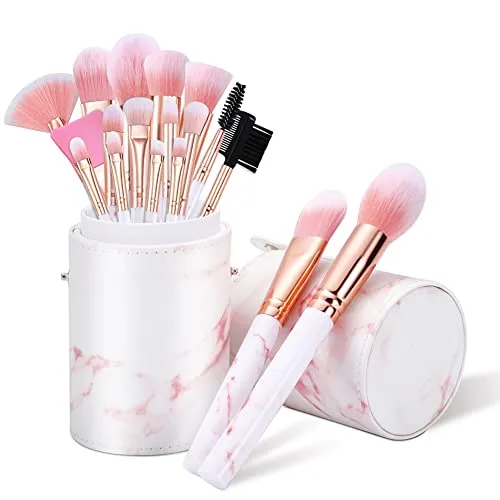 Pinselset Make up Pinsel Set START MAKERS 16 Stück Rosa Marmor Make-up Pinsel Foundation Lidschatten Augenbrauen Rouge Schminkpinsel Set mit Pinselhalter und Silikon Pinsel