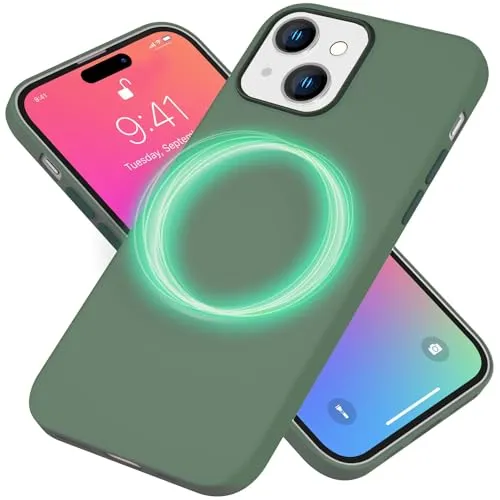 NALIA MagPower Liquid Silikon Case kompatibel mit iPhone 15 Hülle [kompatibel mit MagSafe], Kabellos Laden Easy Clean Funktion Anti-Kratzer Anti-Fingerabdruck, Magnet Schutzhülle Cover, Farbe:Grün