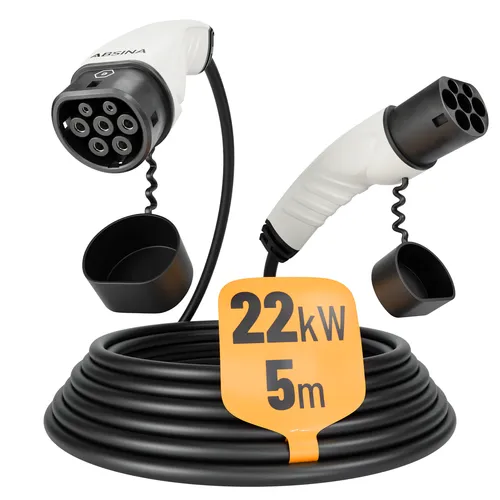ABSINA Typ 2 Ladekabel 22kW & 32A - 5 Meter für Elektroautos - Ladestationenzubehör für Elektrofahrzeuge, IP55 wasser- und staubdicht, ideal für sicheres Laden bei jedem Wetter und kompatibel mit vielen Elektroautos.