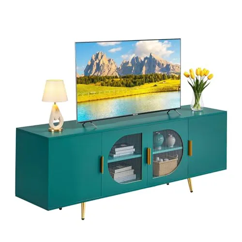 VEVOR TV-Ständer für Fernseher bis zu 75 Zoll, TV Tisch mit Glastüren, TV-Schrank mit goldenen Beinen & verstellbaren Regalen, Konsolentisch Fernsehschrank für Wohnzimmer Schlafzimmer, Grün