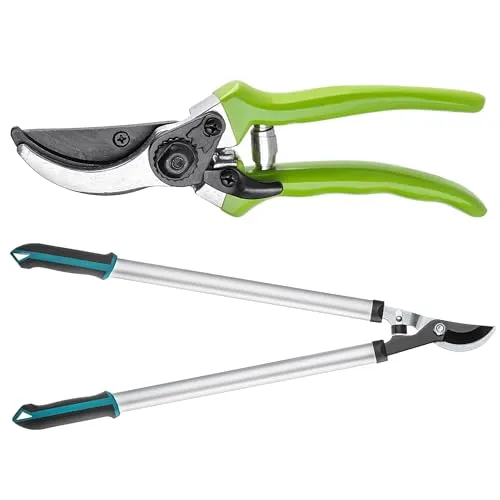 KADAX Bypass-Schere und Astschere mit rutschfesten Griffen, Gartenschere mit Antihaftbeschichteten Klingen, Gartengeräte aus Stahl, Gartenwerkzeuge (2er Set: 21cm + 72cm)