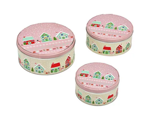 matches21 HOME & HOBBY Vorratsdose Große Metall Plätzchendosen Weihnachtsdorf 3er Set Rosa Bunt, Metall, (3-tlg), Runde Weihnachten Blech Vorratsdosen als Keks-Dosen in 19, 17, 14 cm